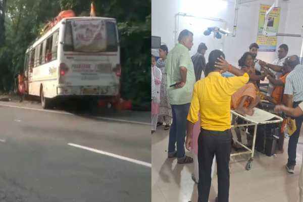 कोडरमा घाटी में हादसे के बाद पहाड़ के सहारे अटकी कांवरियों की बस